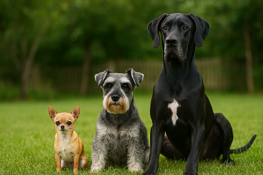 Chihuahua, Schnauzer and a Great Dane sitting in a row on grass with trees in the background