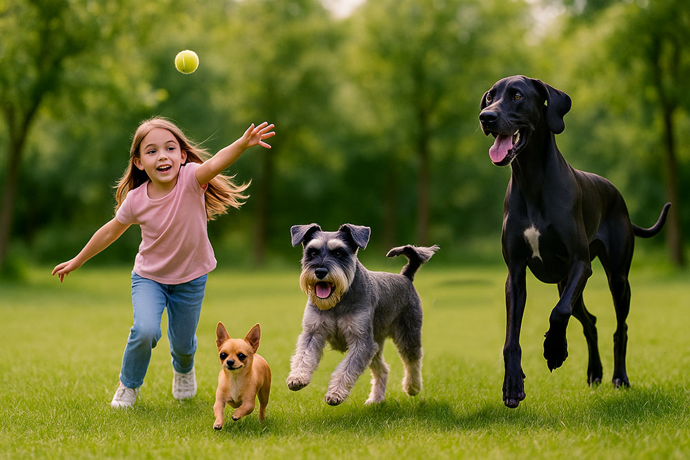 Young girl throwing a tennis ball while a Chihuahua, Schnauzer and a Great Dane playin in a backyard 