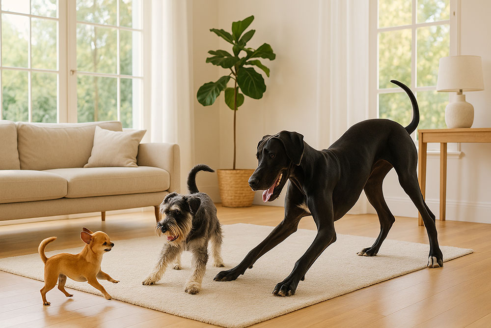 Chihuahua, Schnauzer and a Great Dane playing in living room