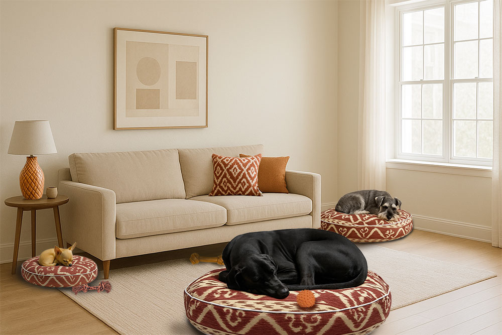 Chihuahua, Schnauzer and a Great Dane  sleeping on their own round dog pillows in a livingroom