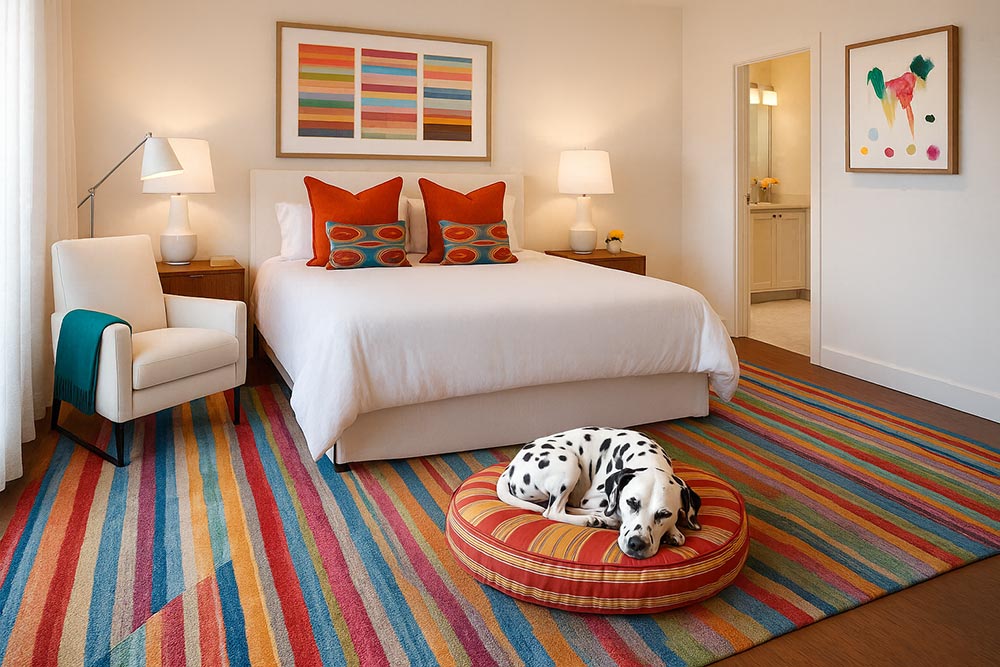 Resting dalmatian dog on a striped round dog bed in a contemporary bedroom
