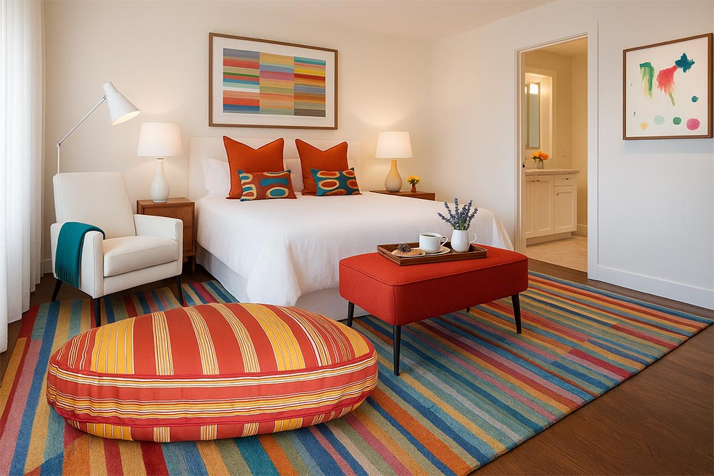 A striped round dog bed in a contemporary bedroom looking like a decorative floor pillow.