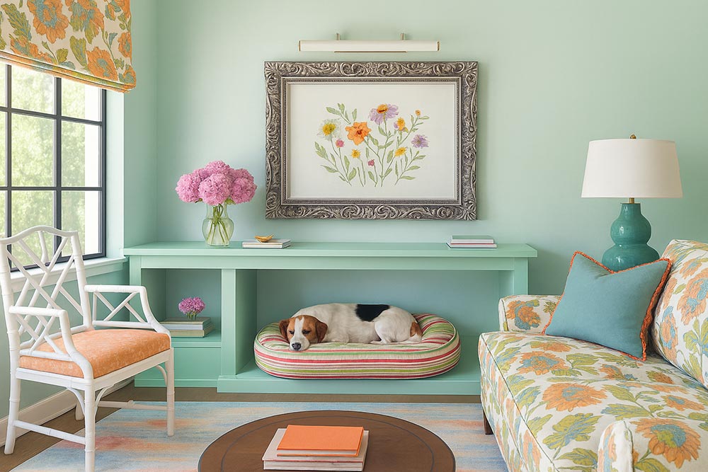Jack Russell resting on a striped round dog bed in a special niche under a long desk counter