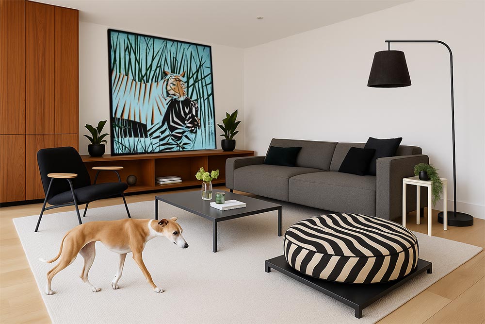 Whippet walking towards zebra striped round dog bed in contemporary livingroom