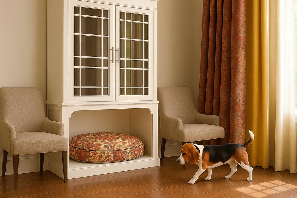 Basset hound walking towards a sleeping niche with a round dog below a cabinet. Curtains coordinate with the dog bed design.
