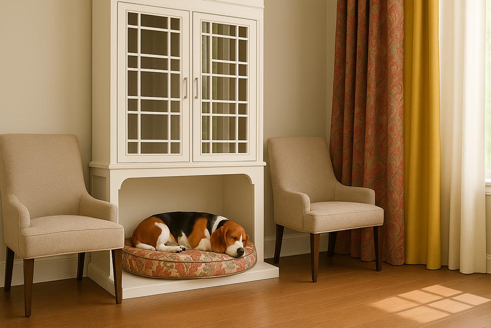 Sleeping basset hound in niche below a cabinet with a round dog. Curtains coordinate with the dog bed design.