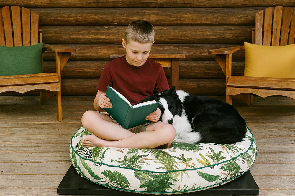 Youmg boy ready a book with his dog on a round dog bed outside on the deck of a rustic cabin