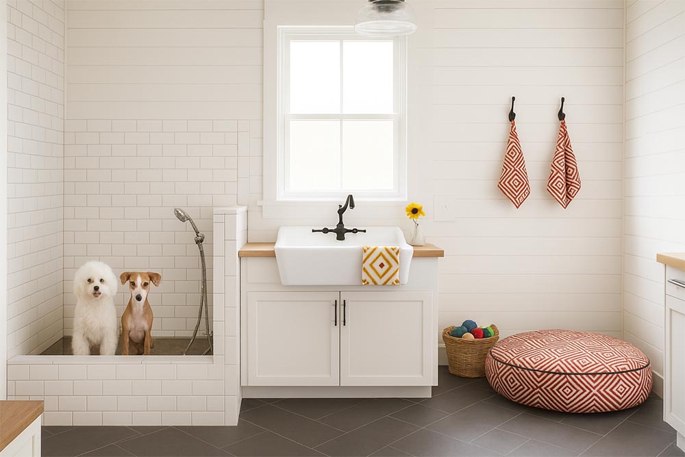 Barkitecture approach- Two dogs in dog shower room in home with round dog bed and matching bandanas