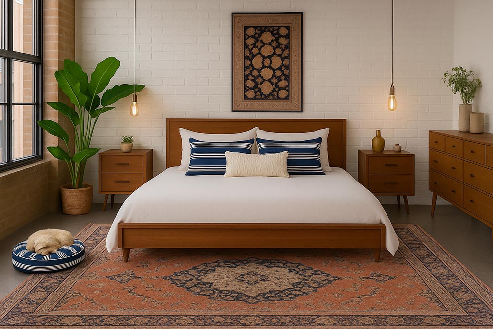 Bedroom with oriental carpet, small  round dog bed  with sleeping havanese and coordinated throw pillows on the bed matching the dog bed.