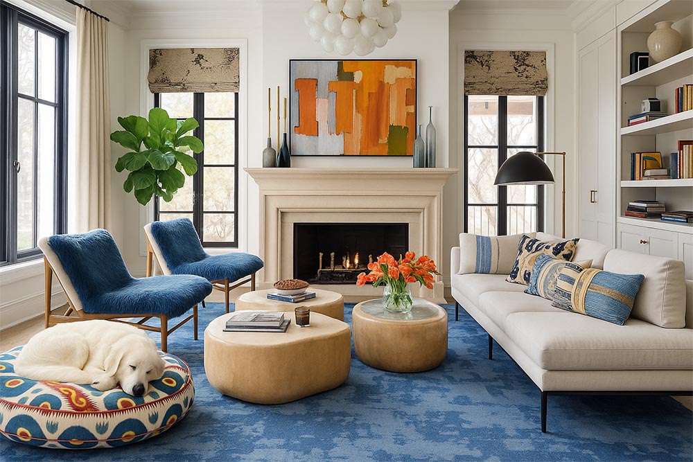 Eclectic contemporary livingroom with great pyrenees sleeping on a large round dog bed in a modern ikat design