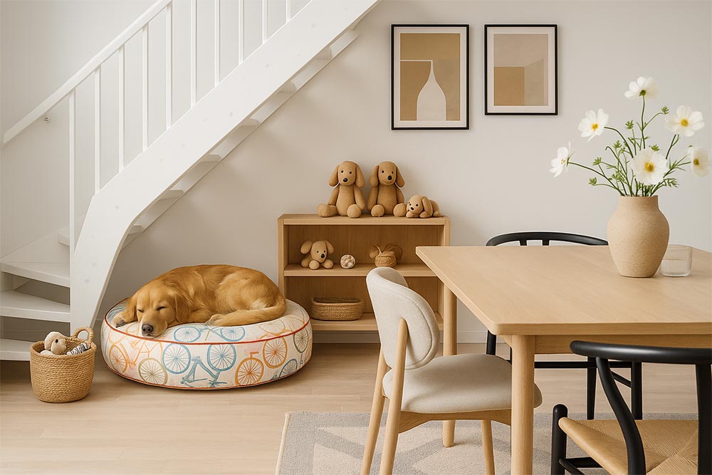 Open living space with a golden retriever sleeping on round dog bed in an open doggy niche under the staircase