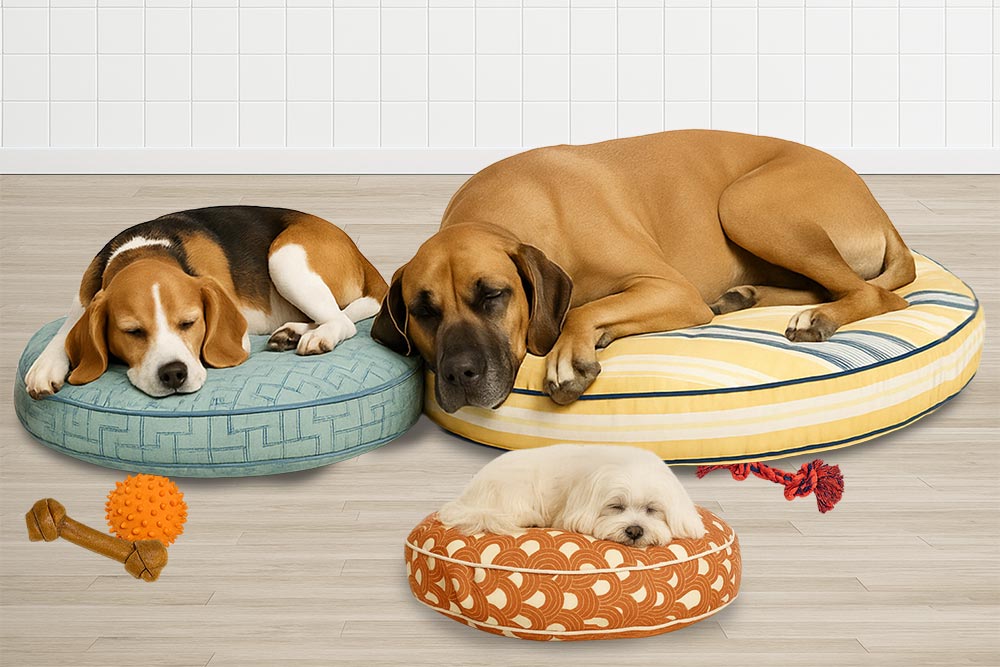 A small, medium, and large dog each sleeping on their own round dog bed. with scattered dog toys