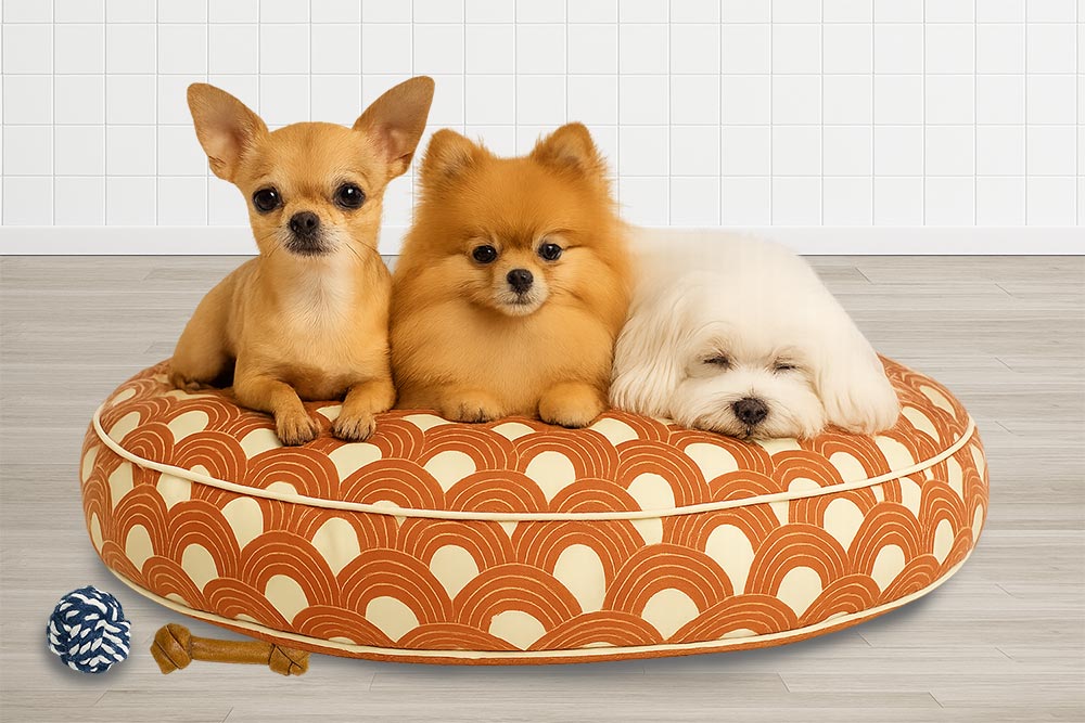 3 Small dogs resting on a round dog bed with dog toys